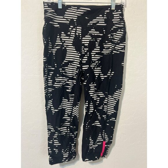 Tommy Hilfinger Sport Sz L Nylon Spandex Striped Floral Black White Pink Legging - Picture 2 of 8